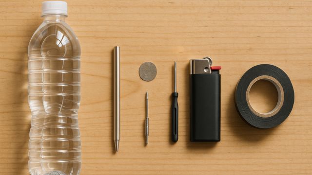 Alle sicheren Materialien für eine selbstgebaute Flaschenbong übersichtlich angeordnet.